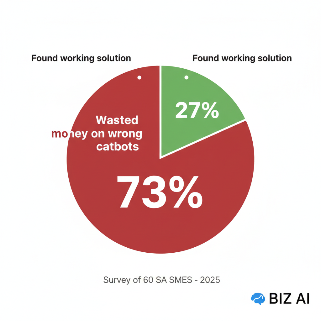 Pie chart survey results showing 73 percent of South African SMEs wasted money on wrong AI chatbot solutions versus 27 percent with successful implementations
