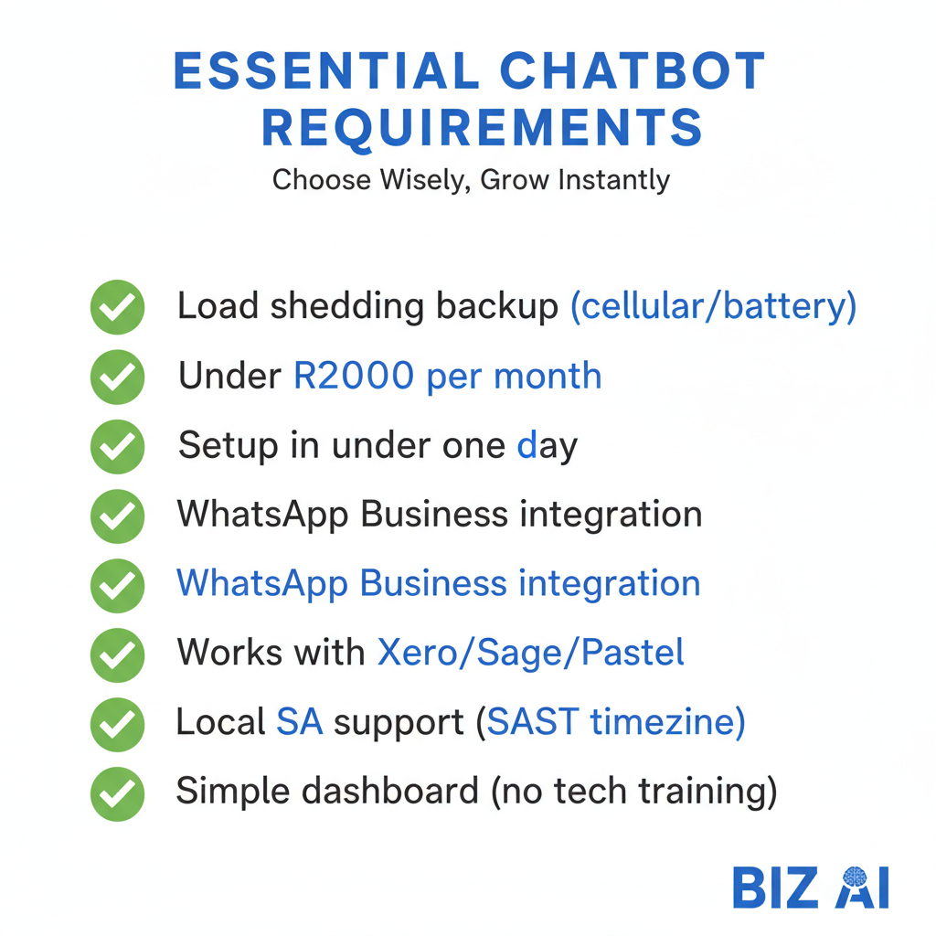Checklist of seven essential requirements for AI chatbots suitable for South African small and medium enterprises including load shedding backup and WhatsApp integration