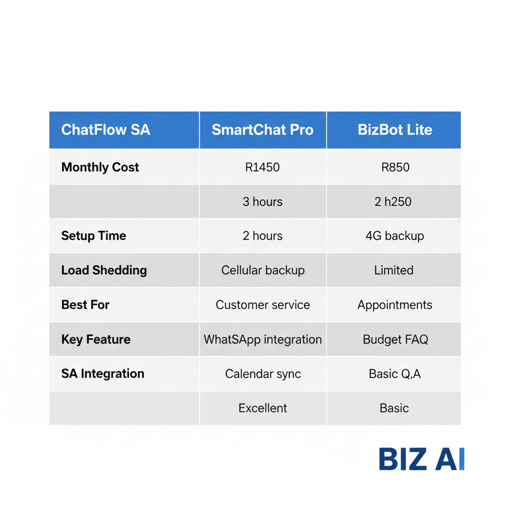 Type: Comparison table Purpose: Allow readers to quickly compare the three chatbot solutions side-by-side on key decision factors to make informed choice based on their needs Visual Concept: Clean three-column comparison table showing ChatFlow SA, SmartChat Pro, and BizBot Lite with rows for monthly cost, setup time, load shedding support, best use case, key features, and integration options Nano Banana Generation Prompt: "Professional comparison table with three columns for chatbot tools, column headers with tool names: 'ChatFlow SA', 'SmartChat Pro', 'BizBot Lite', rows showing key information: Monthly Cost row (R1450, R1250, R850), Setup Time row (3 hours, 2 hours, 2 hours), Load Shedding row (Cellular backup, 4G backup, Limited), Best For row (Customer service, Appointments, Budget FAQ), Key Feature row (WhatsApp integration, Calendar sync, Basic Q&A), SA Integration row (Excellent, Good, Basic), clean modern table design with alternating row background colors light gray (#F8F9FA) and white for readability, Google blue header row (#4285F4) with white text, professional typography, well-aligned columns, clear readable text, organized cells with padding, white background, modern business style, easy to compare across columns, include 'BIZ AI' logo in bottom right corner, 1200x800px, suitable for blog post"